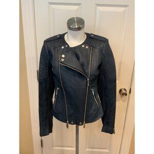 BCBGMaxAzria Blake Navy Blue 100% Leather Moto Jacket $698 Size Small
